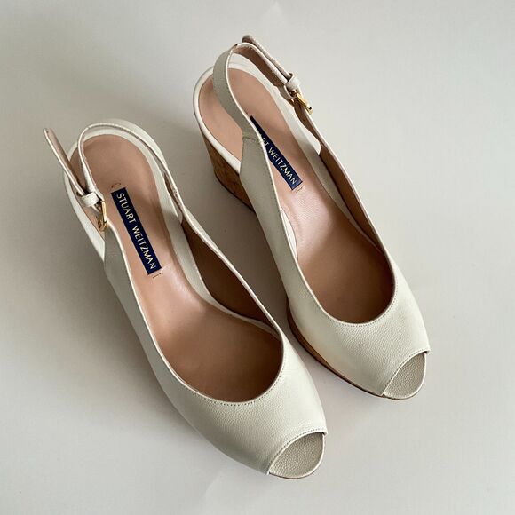 Stuart Weitzman Beige Leather Rinna Wedge Peep-toe Sling Back Sandals 8.5 - Picture 10 of 12